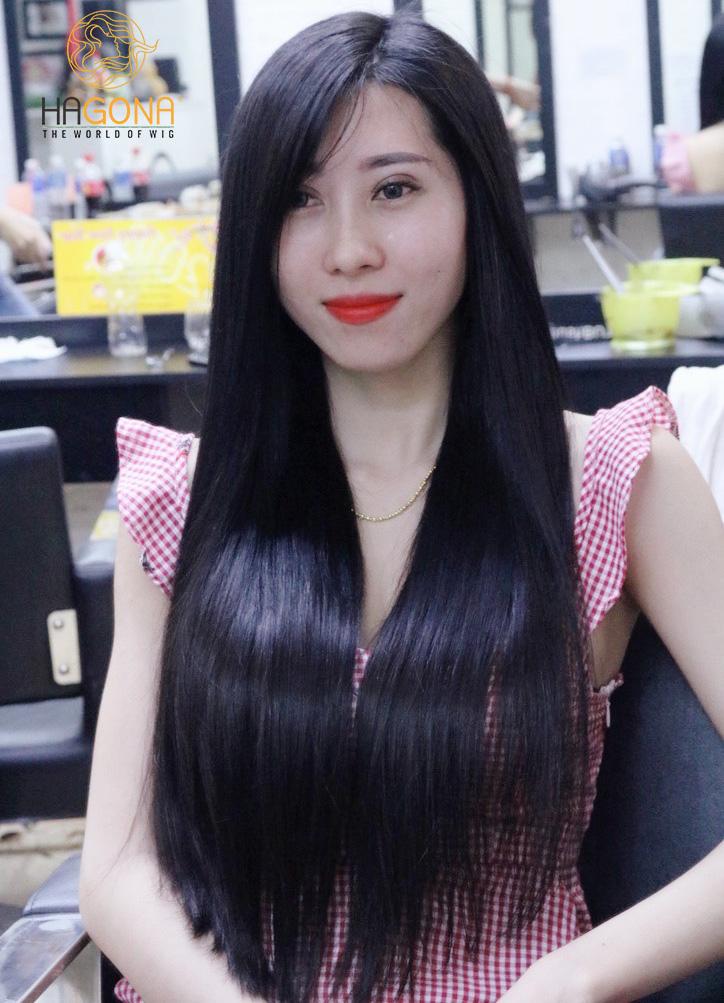 Tóc giả nữ dài thẳng nguyên đầu siêu da Supper Vip làm bằng tóc thật Hagona