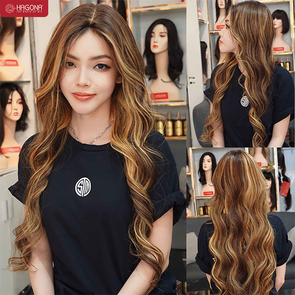 Tóc giả nữ nguyên đầu dài xoăn Hightlight
